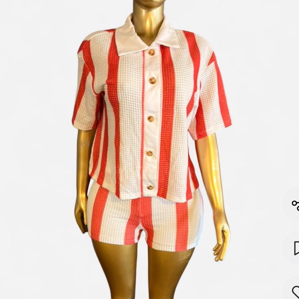 Striped Button Front Short Set - Coral & White